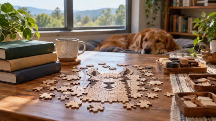 A physical scene representing ordered language-token components and merging pieces.