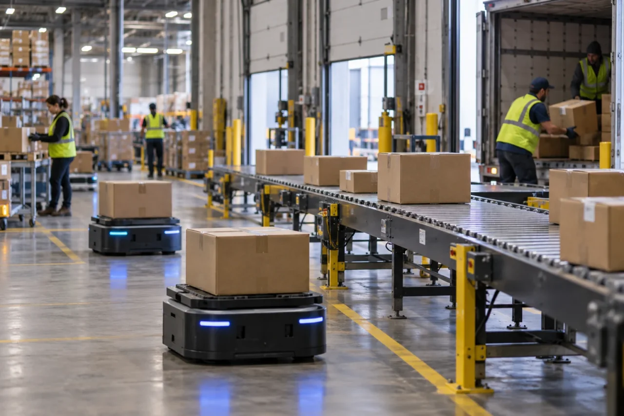 Autonomous mobile warehouse robots move cardboard packages beside conveyors while workers handle freight at loading docks.