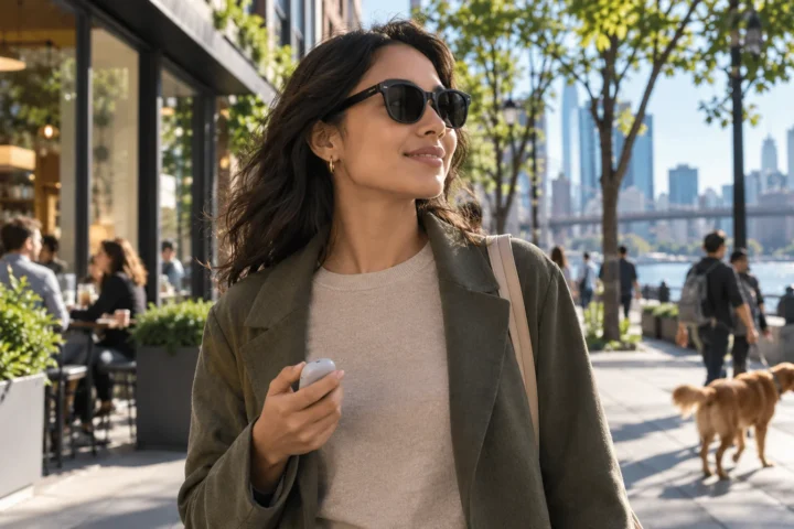 A person wearing unbranded smart glasses outdoors and holding a small pocket-sized voice device.