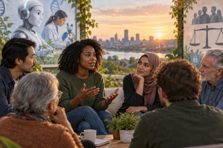People gathered in a physical setting to share perspectives about artificial intelligence.