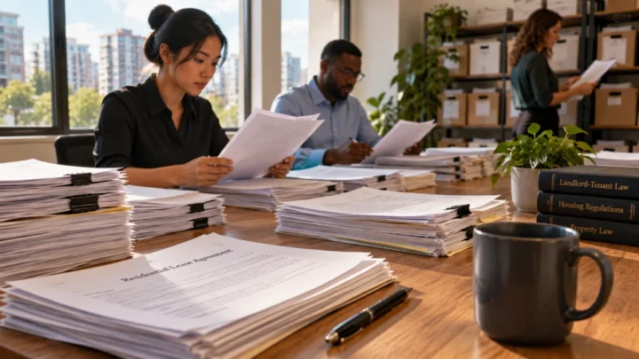 Paper apartment lease files arranged for large-scale compliance review.