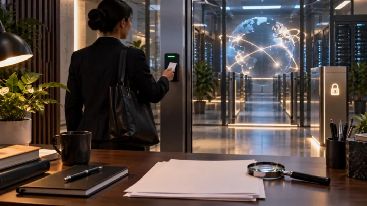 Professional at a desk with a keycard, magnifying glass, and a secured glass gateway suggesting protected access to web research.