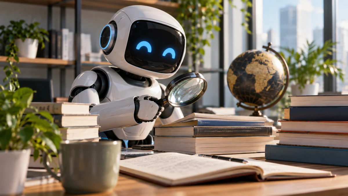 A white robot holding a magnifying glass sits among stacks of books, a globe, and plants in a sunlit room.