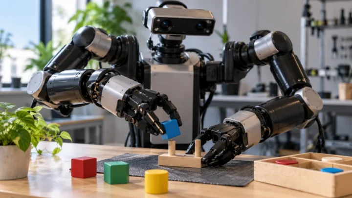 A dual-arm robot manipulates an object on a tabletop while a stereo camera assembly is oriented toward the work area.