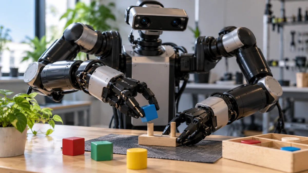 A dual-arm robot manipulates an object on a tabletop while a stereo camera assembly is oriented toward the work area.