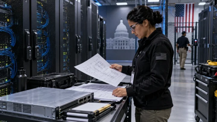 A developer works with paper engineering plans in a secure data center with locked server cabinets and network hardware.