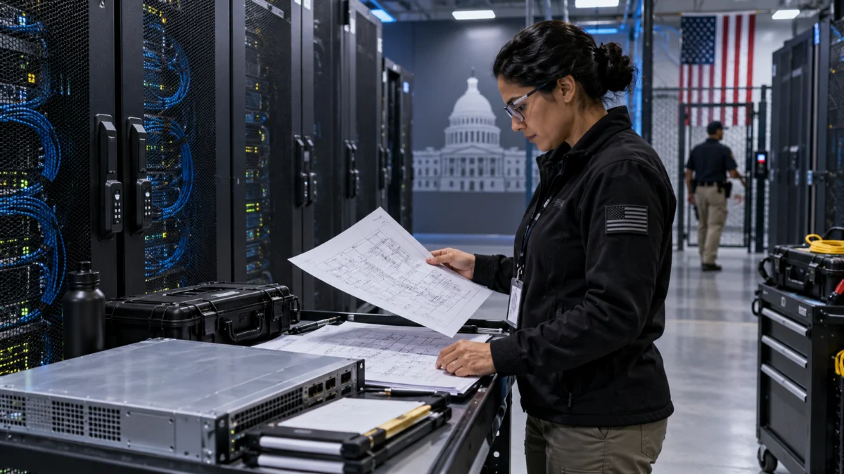 A developer works with paper engineering plans in a secure data center with locked server cabinets and network hardware.