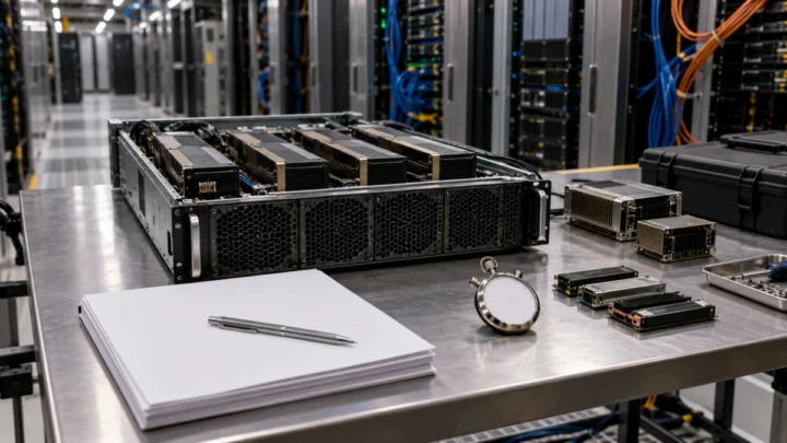 Physical GPU server hardware and unlabelled benchmarking components on a workbench in a data-center aisle.