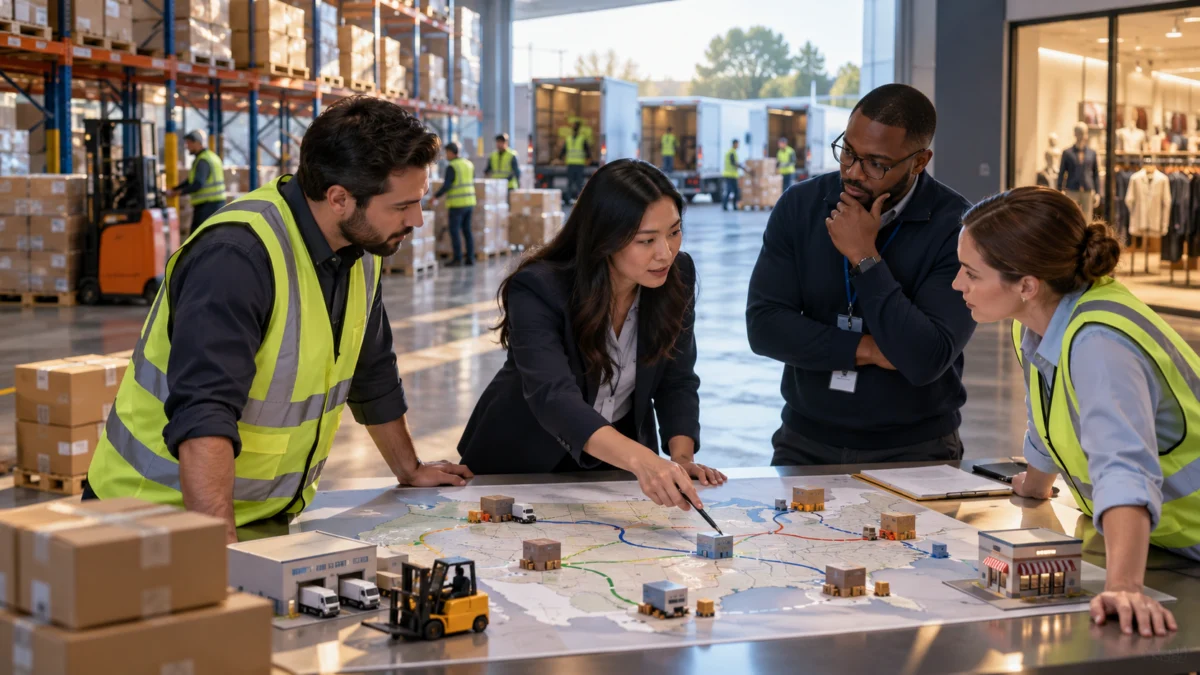 Supply-chain planning scene representing inventory, routing, and operational decision evaluation.