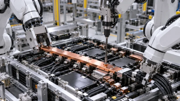 Industrial robot arms assembling a metallic busbar and cable-mounted connectors in a dense electronics tester tray.