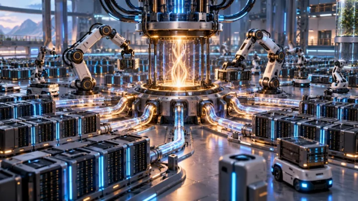 A central physical orchestration hub with robotic worker modules, interconnected compute nodes, and illuminated conduits in a high-tech facility.