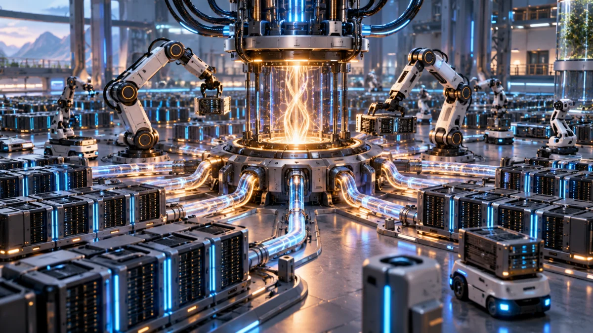 A central physical orchestration hub with robotic worker modules, interconnected compute nodes, and illuminated conduits in a high-tech facility.