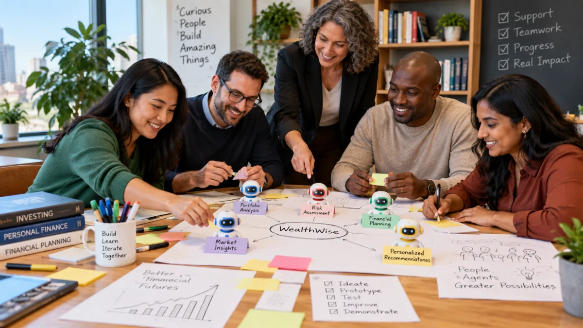 Five professionals and a mentor collaborate around a worktable with small robot figures, papers, sticky notes, and financial-planning materials.