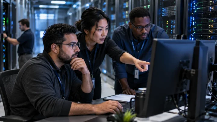 Three data operations engineers work together in a server room beside equipment racks.