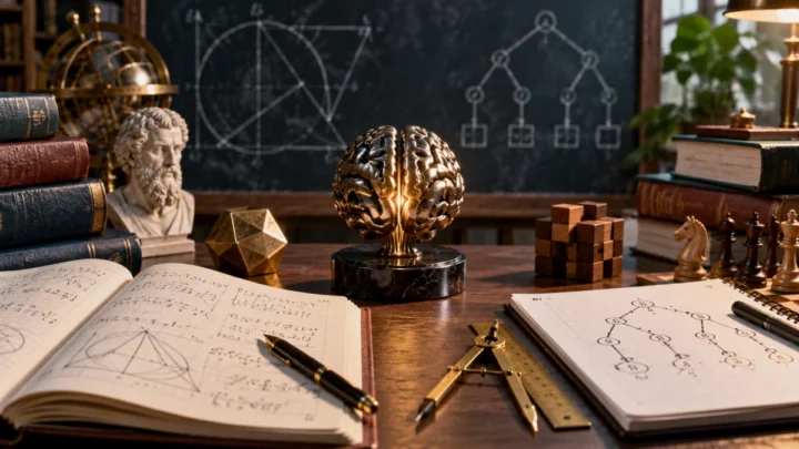 Physical objects representing olympiad mathematics and competitive programming problem-solving arranged together, with no visible screens or text.
