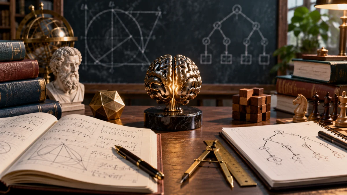 Physical objects representing olympiad mathematics and competitive programming problem-solving arranged together, with no visible screens or text.