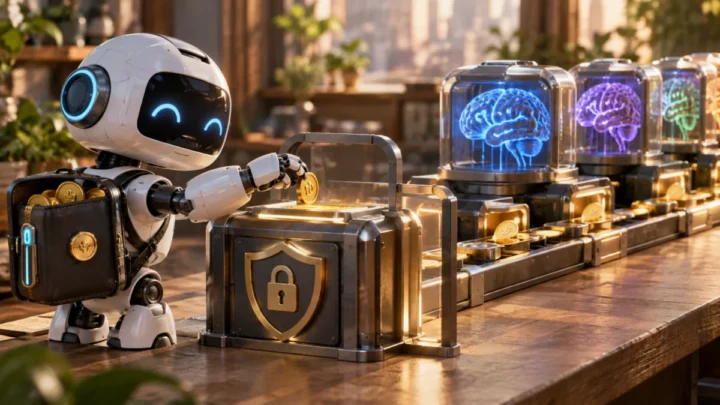 Physical scene representing an AI agent making small, governed payments for model inference through an agent-owned wallet.