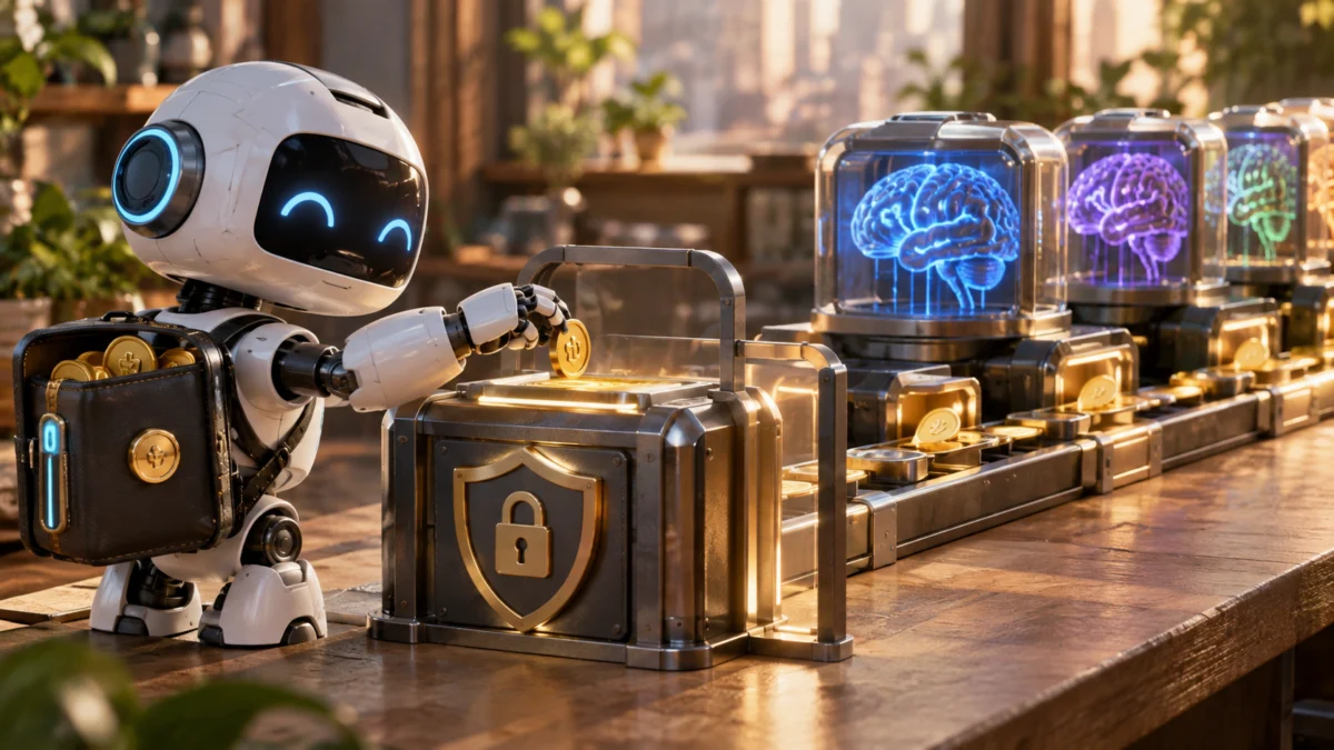 Physical scene representing an AI agent making small, governed payments for model inference through an agent-owned wallet.