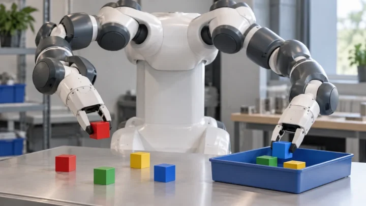 A white and dark gray dual-arm collaborative robot uses two grippers to handle colored cubes on a worktable beside a blue tray.