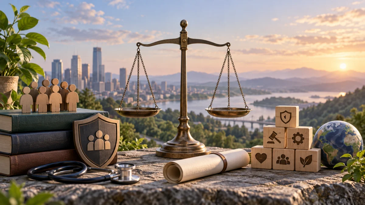 A physical scene representing safeguards and human oversight for evolving artificial intelligence policy.