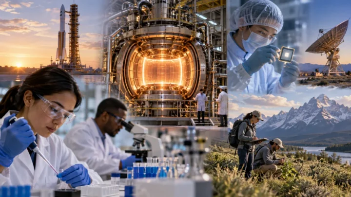 Scientists working with a fusion research apparatus in a national laboratory.
