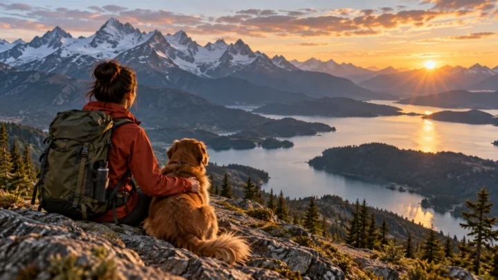 A person in a red jacket sits with a dog on a rocky overlook above a mountain lake at sunset.