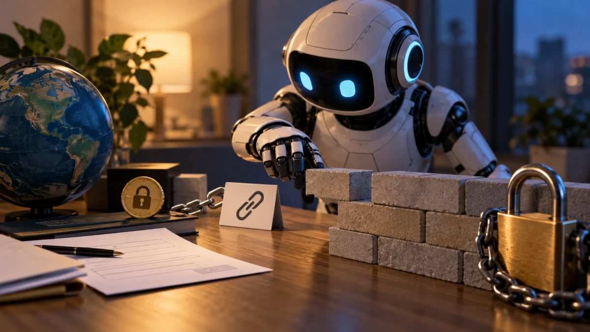 A white robot reaches over a tabletop toward a small brick wall secured with a padlock and chain, alongside a globe and other security-themed objects.