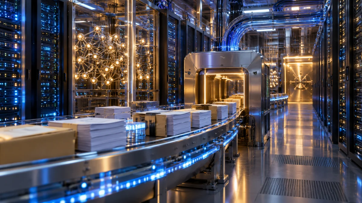 Illuminated server racks and fiber-optic connections in a data-center environment.
