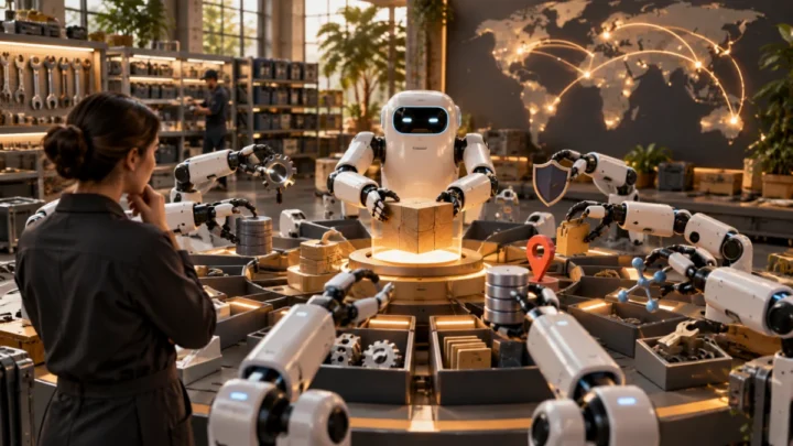 A person observes several robotic arms and a central robot sorting physical tools and components around a worktable, with a wall map marked by glowing connection lines in the background.